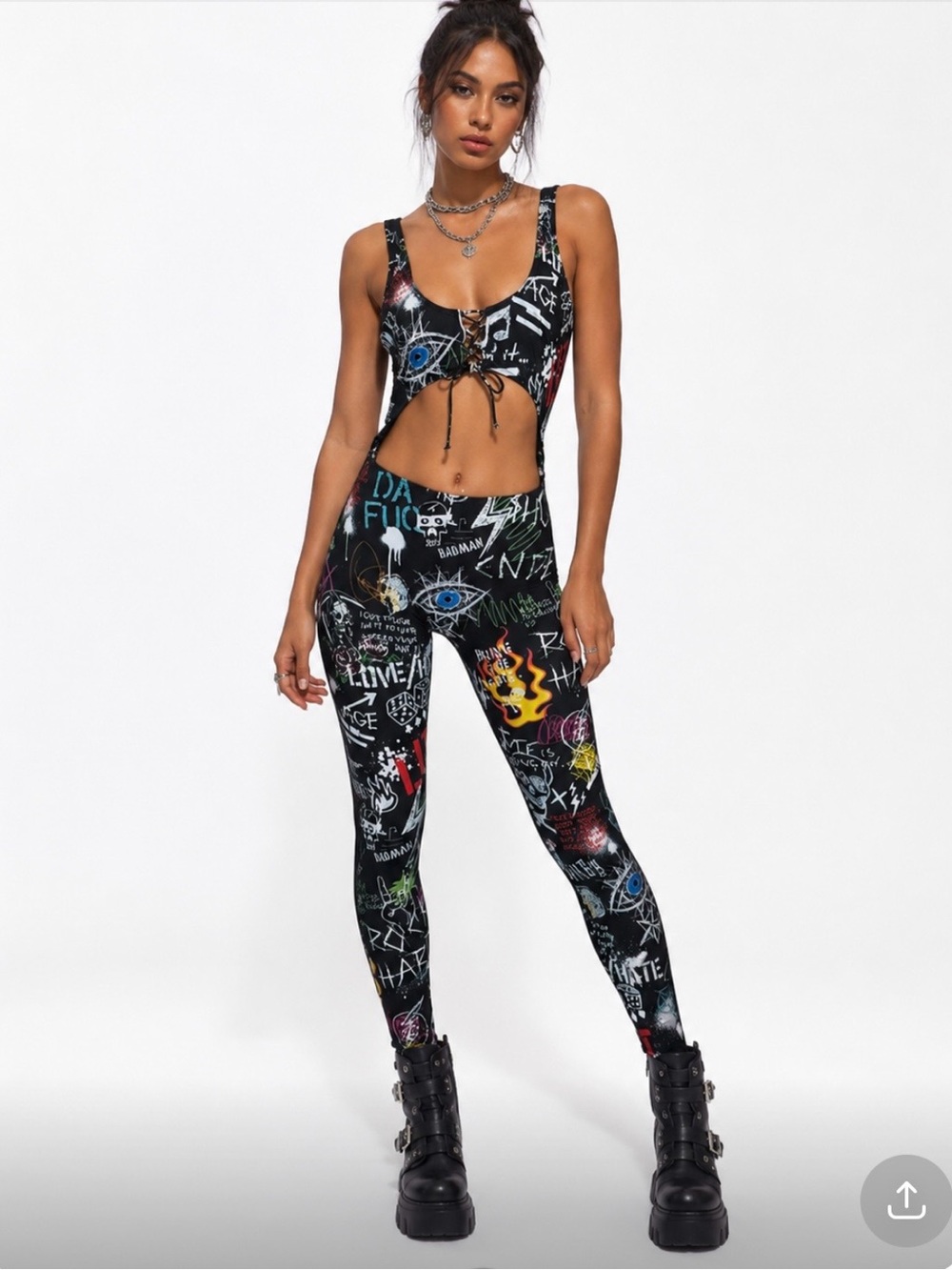 JADED LONDON Black Graffiti Print Legging Jumpsuit Multicolor Accents Size L